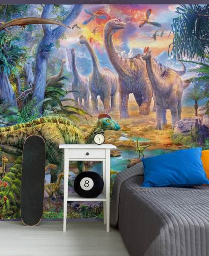 dinosaurussen lopen weg van vulkaanbehang