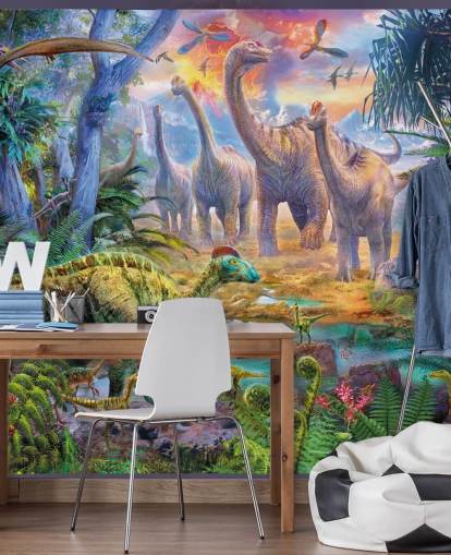 dinosaurs walking away from volcano wallpaper