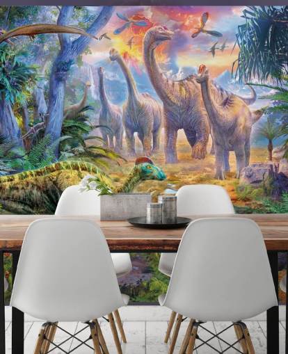 dinosaurs walking away from volcano wallpaper
