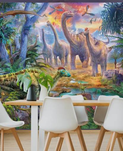 dinosaurs walking away from volcano wallpaper