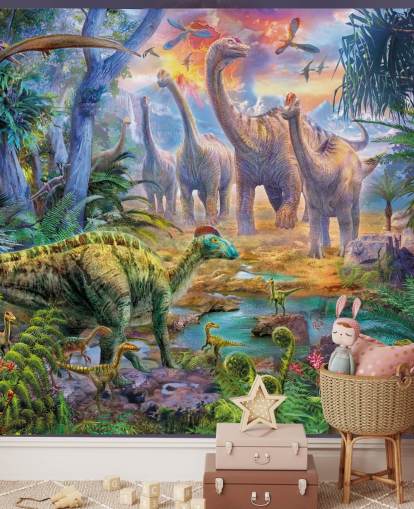 dinossauros andando longe do papel de parede vulcão