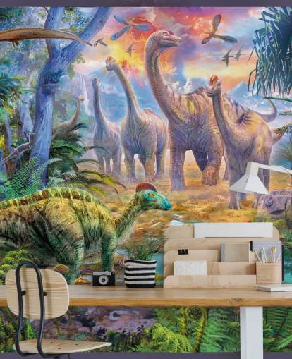 dinosaurs walking away from volcano wallpaper