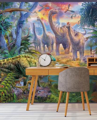 dinosaurussen lopen weg van vulkaanbehang dinosaurussen lopen weg van vulkaanbehang