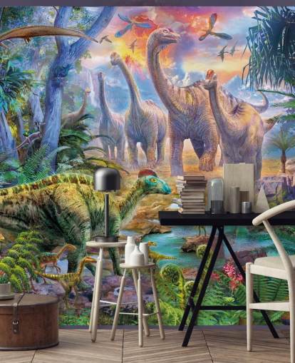 dinosaurs walking away from volcano wallpaper