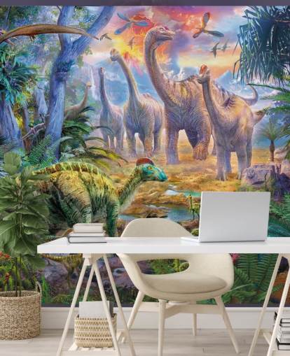 dinosaurs walking away from volcano wallpaper