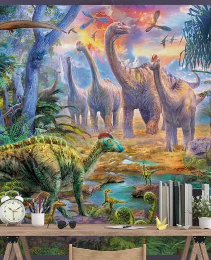 dinosaurios alejándose del fondo de pantalla del volcán