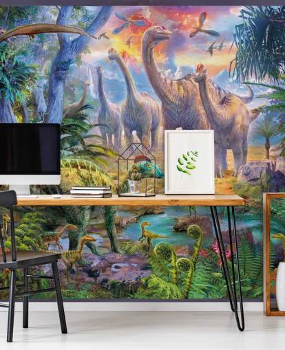 dinosaurs walking away from volcano wallpaper