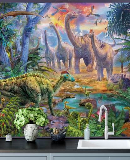 dinosauri che si allontanano dalla carta da parati vulcano