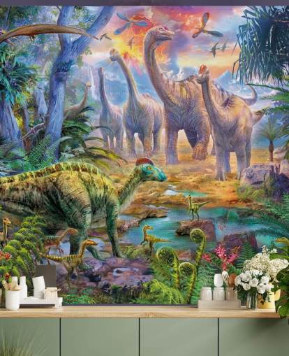 dinosaurios alejándose del fondo de pantalla del volcán