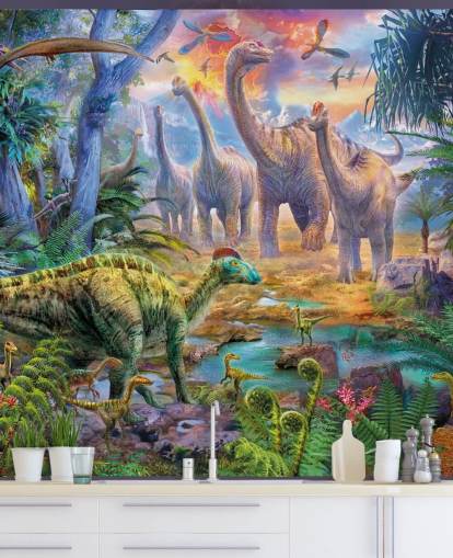 dinosaurs walking away from volcano wallpaper