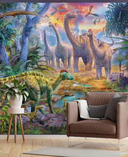 dinosaurs walking away from volcano wallpaper