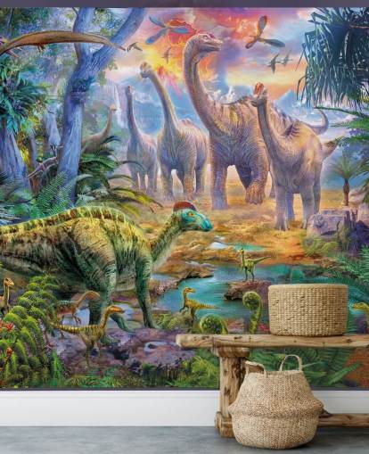 fond d'écran dinosaures marchant loin du volcan