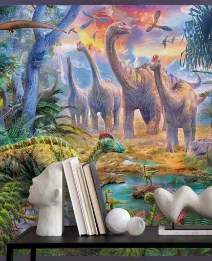 dinosaurs walking away from volcano wallpaper