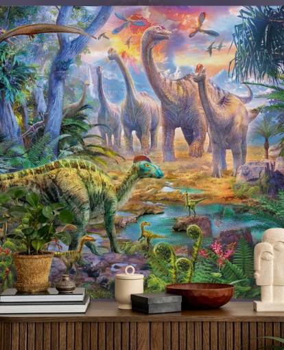 dinosaurs walking away from volcano wallpaper