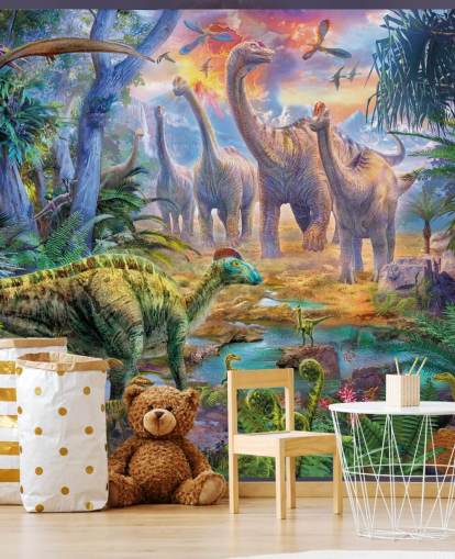 dinossauros andando longe do papel de parede vulcão