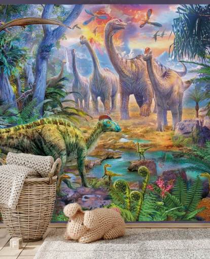 dinosaurs walking away from volcano wallpaper