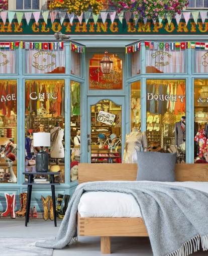 vintage clothes shop facade wallpaper