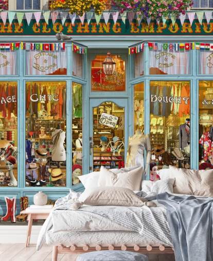 vintage clothes shop facade wallpaper
