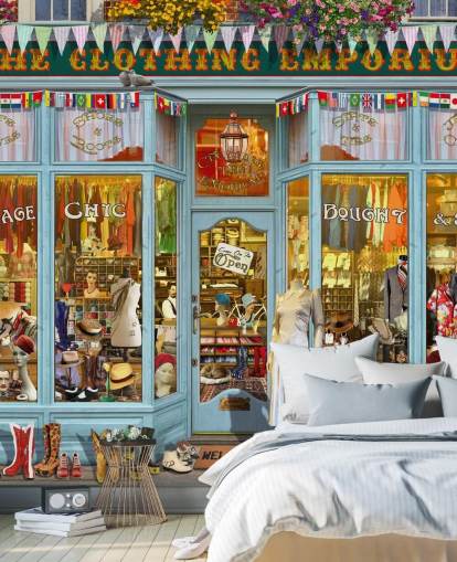 vintage clothes shop facade wallpaper