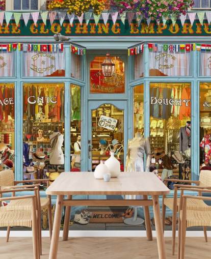 vintage clothes shop facade wallpaper