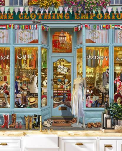 vintage clothes shop facade wallpaper