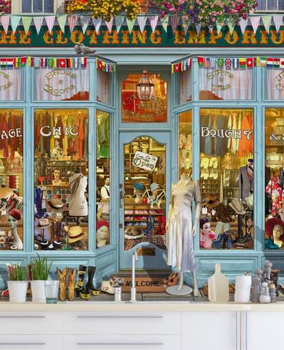 vintage clothes shop facade wallpaper