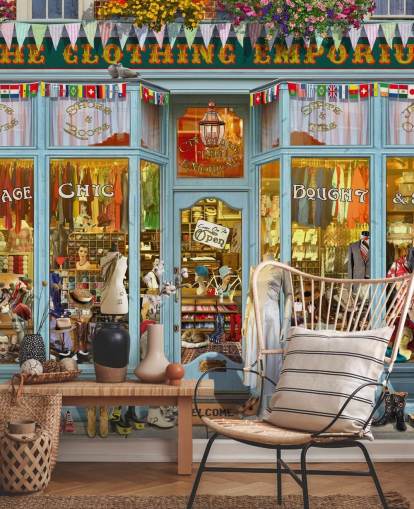 vintage clothes shop facade wallpaper