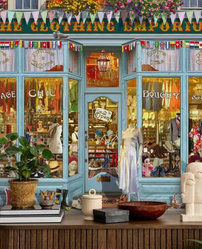 vintage clothes shop facade wallpaper