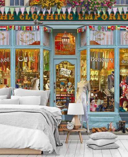 vintage clothes shop facade wallpaper