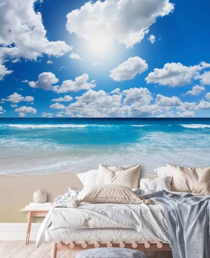 blauw-witte strandbehangmuurschildering genaamd Ocean Skies voor thuiskantoren, badkamers en slaapkamers