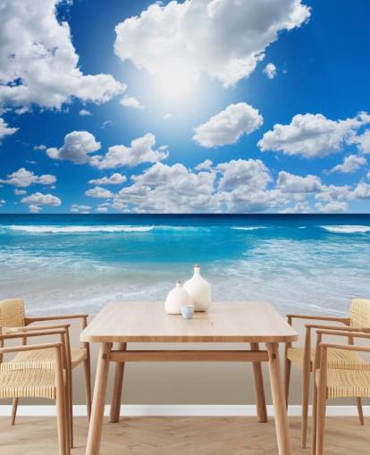 blue and white beach wallpaper mural called Ocean Skies for home offices, bathrooms and bedrooms