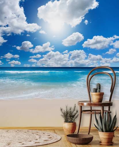 blue and white beach wallpaper mural called Ocean Skies for home offices, bathrooms and bedrooms