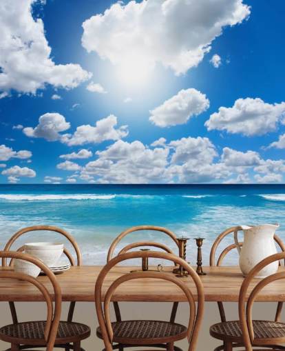 carta da parati murale blu e bianca sulla spiaggia chiamata Ocean Skies per casa, uffici, bagni e camere da letto