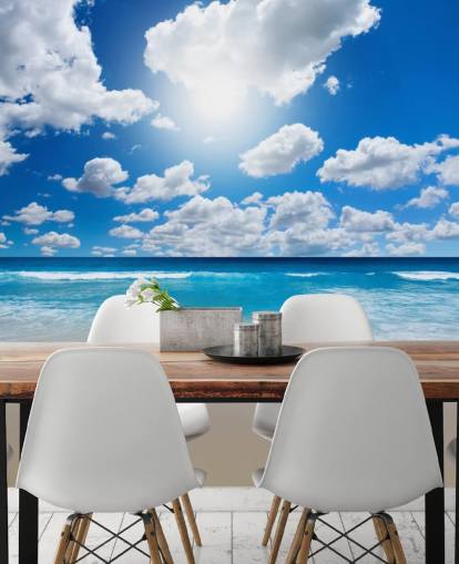 mural de papel pintado de playa azul y blanco llamado Ocean Skies para oficinas en casa, baños y dormitorios mural de papel pintado de playa azul y blanco llamado Ocean Skies para oficinas en casa, baños y dormitorios