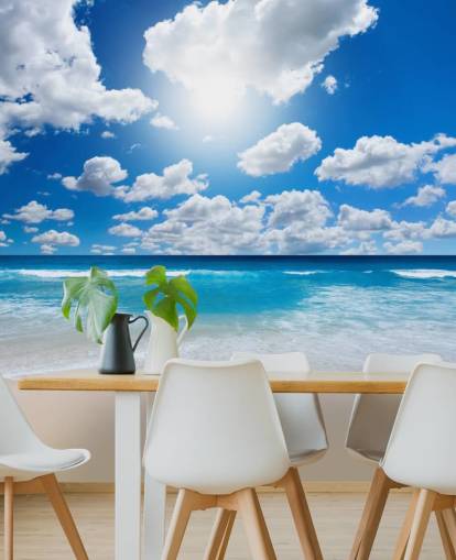 blue and white beach wallpaper mural called Ocean Skies for home offices, bathrooms and bedrooms