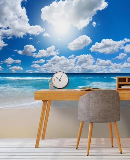 blue and white beach wallpaper mural called Ocean Skies for home offices, bathrooms and bedrooms