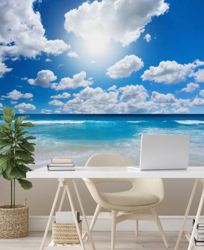 mural de papel pintado de playa azul y blanco llamado Ocean Skies para oficinas en casa, baños y dormitorios