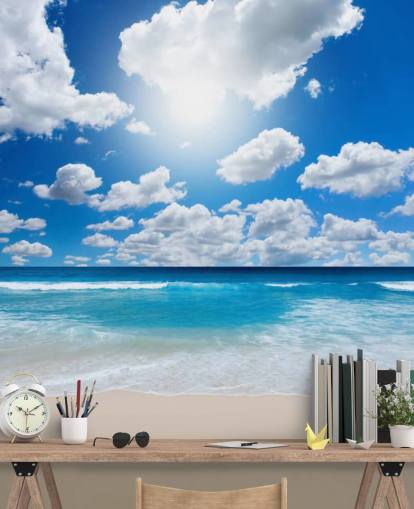 papier peint de plage bleu et blanc appelé Ocean Skies pour la maison, les bureaux, les salles de bain et les chambres