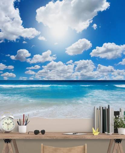 mural de papel de parede de praia azul e branco chamado Ocean Skies para escritórios domésticos, banheiros e quartos