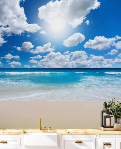 blått og hvitt strandtapet veggmaleri kalt Ocean Skies for hjemmekontorer, bad og soverom