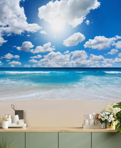 mural de papel pintado de playa azul y blanco llamado Ocean Skies para oficinas en casa, baños y dormitorios