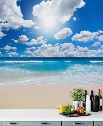 blue and white beach wallpaper mural called Ocean Skies for home offices, bathrooms and bedrooms