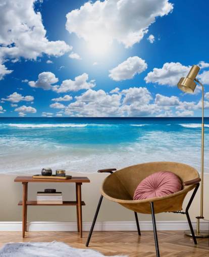 mural de papel pintado de playa azul y blanco llamado Ocean Skies para oficinas en casa, baños y dormitorios