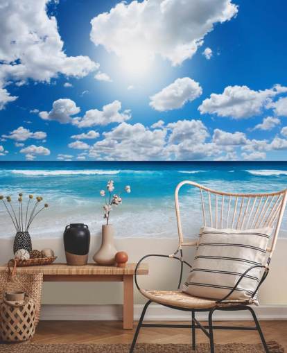blue and white beach wallpaper mural called Ocean Skies for home offices, bathrooms and bedrooms
