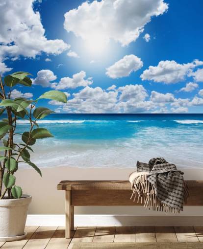 mural de papel pintado de playa azul y blanco llamado Ocean Skies para oficinas en casa, baños y dormitorios