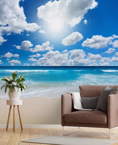 Blau-weiße Strandtapete namens Ocean Skies für Heimbüros, Badezimmer und Schlafzimmer