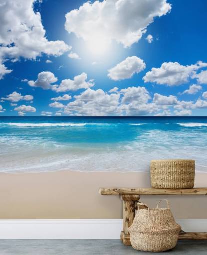 papier peint de plage bleu et blanc appelé Ocean Skies pour la maison, les bureaux, les salles de bain et les chambres