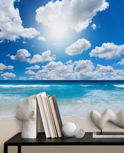 blue and white beach wallpaper mural called Ocean Skies for home offices, bathrooms and bedrooms
