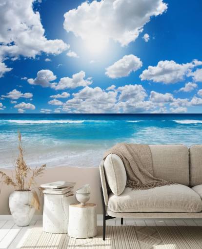 blauw-witte strandbehangmuurschildering genaamd Ocean Skies voor thuiskantoren, badkamers en slaapkamers