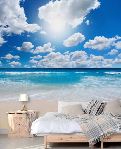 blue and white beach wallpaper mural called Ocean Skies for home offices, bathrooms and bedrooms